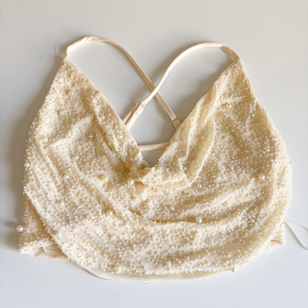 Windsor Womens Cream Faux Pearl Beaded Cowl Neck Glam Ethereal Crop Top Small